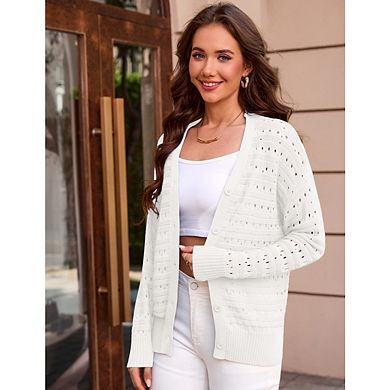 Women's Crochet Boho Oversized Cardigan Sweater, Solid Color Spring Open Front Outwear