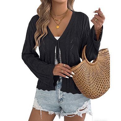 Women's Knit Top V Neckline Long Bell Sleeves Casual Cardigan Blouse
