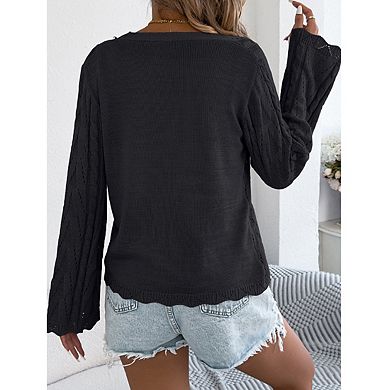 Women's Knit Top V Neckline Long Bell Sleeves Casual Cardigan Blouse