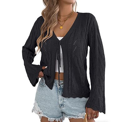 Women's Knit Top V Neckline Long Bell Sleeves Casual Cardigan Blouse