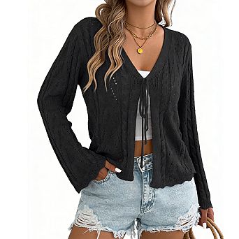 Women's Knit Top V Neckline Long Bell Sleeves Casual Cardigan Blouse