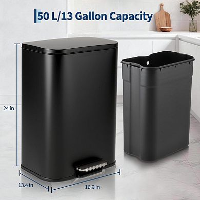 Trash Can with Soft-Close Lid and Removable Inner Bucket, Stainless Steel Rectangular Garbage Can