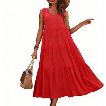 Women's Boho Tiered Midi Dress V-Neck Sleeveless Loose Ruffle Dress