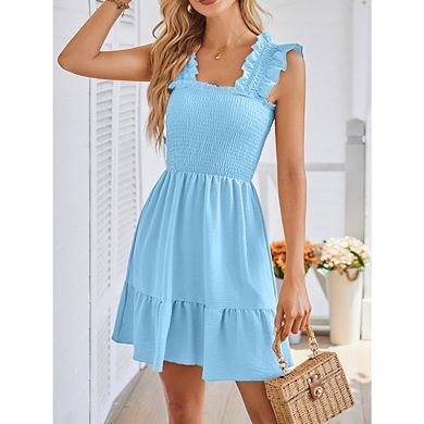 Women’s V-Neck Pleated Square Neck Dress, Layered Boho Ruffle Off-Shoulder Mini Dress