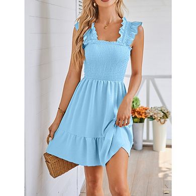 Women’s V-Neck Pleated Square Neck Dress, Layered Boho Ruffle Off-Shoulder Mini Dress