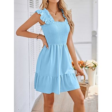 Women’s V-Neck Pleated Square Neck Dress, Layered Boho Ruffle Off-Shoulder Mini Dress