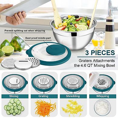 5 bowls Mixing Bowl Set Stainless Steel Nesting Salad Bowls With Lids 4.6/2.6/1.5/1/0.7 Qt