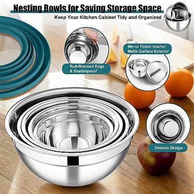 5 bowls Mixing Bowl Set Stainless Steel Nesting Salad Bowls With Lids 4.6/2.6/1.5/1/0.7 Qt
