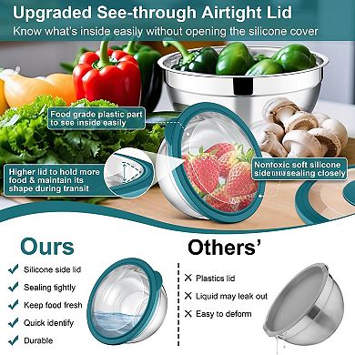 5 bowls Mixing Bowl Set Stainless Steel Nesting Salad Bowls With Lids 4.6/2.6/1.5/1/0.7 Qt