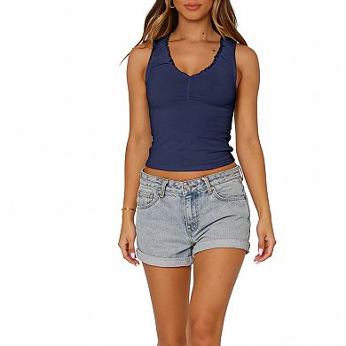 Women's Sleeveless Ruffle Edge Tank Top, Slim Fit Ruched Casual Cami