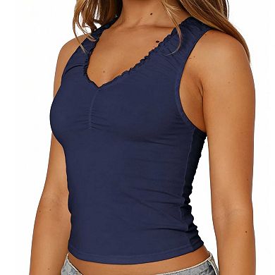 Women's Sleeveless Ruffle Edge Tank Top, Slim Fit Ruched Casual Cami