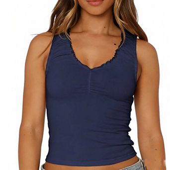 Women's Sleeveless Ruffle Edge Tank Top, Slim Fit Ruched Casual Cami