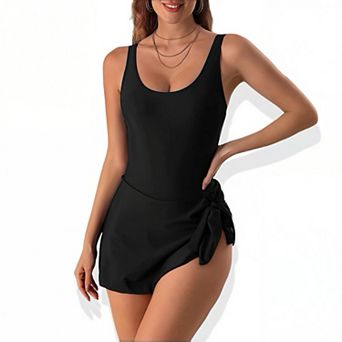Women's Solid One Piece Swimdress Grace Tummy Control V-Neck Ruched Swimsuit Retro Slim Fit