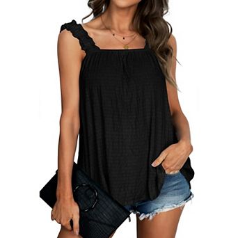 Women's Textured Ruffle Smocked Strap Cami Shirt Summer Square Neck Sleeveless Casual Flowy Tank Top