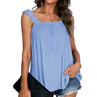 Women's Textured Ruffle Smocked Strap Cami Shirt Summer Square Neck Sleeveless Casual Flowy Tank Top