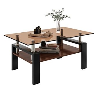 KWPZQEB Rectangle Coffee Table, Tempered Glass Tea Table with Lower Shelf for Living Room, Brown