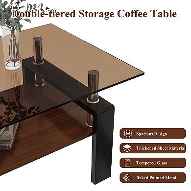KWPZQEB Rectangle Coffee Table, Tempered Glass Tea Table with Lower Shelf for Living Room, Brown