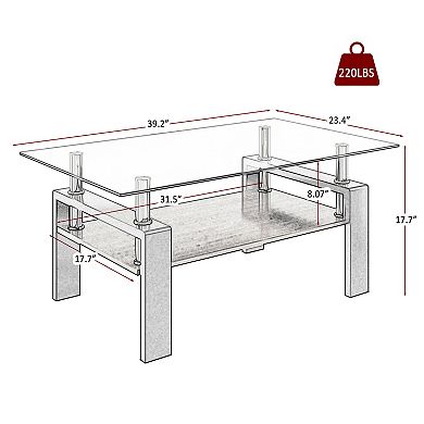 KWPZQEB Rectangle Coffee Table, Tempered Glass Tea Table with Lower Shelf for Living Room, Brown