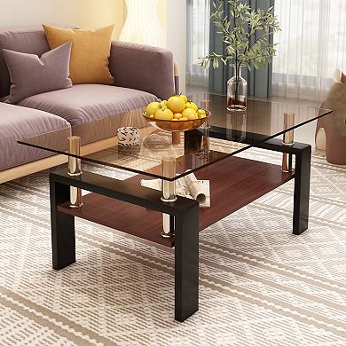 KWPZQEB Rectangle Coffee Table, Tempered Glass Tea Table with Lower Shelf for Living Room, Brown