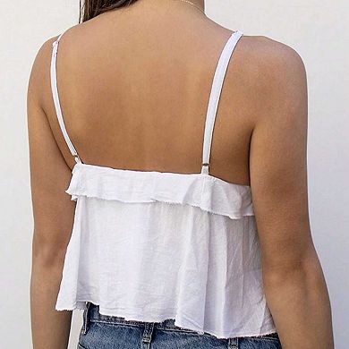 Women's Ruffle Trim V Neck Cami Top, Spaghetti Strap Ruched Babydoll Tank