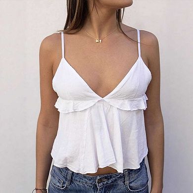 Women's Ruffle Trim V Neck Cami Top, Spaghetti Strap Ruched Babydoll Tank
