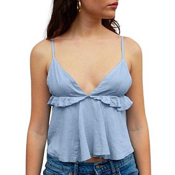 Women's Ruffle Trim V Neck Cami Top, Spaghetti Strap Ruched Babydoll Tank