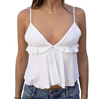 Women's Ruffle Trim V Neck Cami Top, Spaghetti Strap Ruched Babydoll Tank