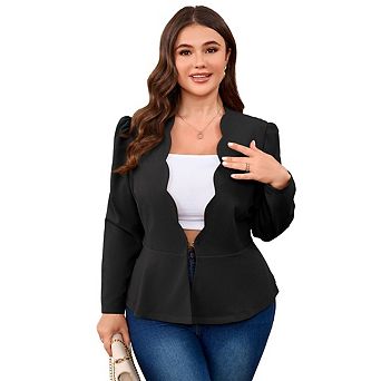 Plus Size Women's Casual Blazer with Hook Button, Long Sleeve, Ruffled Placket Business Jacket