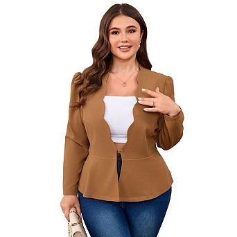 Plus Size Women's Casual Blazer with Hook Button, Long Sleeve, Ruffled Placket Business Jacket