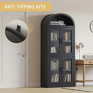Arched Bookcase with Doors 5 Tier Storage Cabinet with Open Display Shelf for Living Room