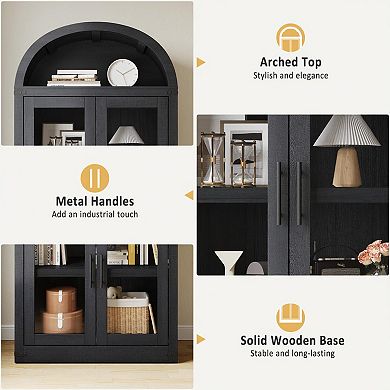 Arched Bookcase with Doors 5 Tier Storage Cabinet with Open Display Shelf for Living Room