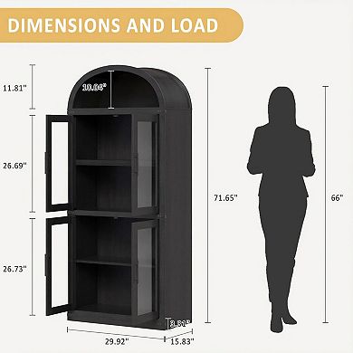 Arched Bookcase with Doors 5 Tier Storage Cabinet with Open Display Shelf for Living Room
