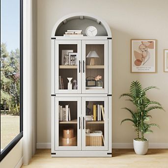 Arched Bookcase with Doors 5 tier Storage Cabinet with Open Display Shelf for Living Room