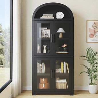Arched Bookcase with Doors 5 tier Storage Cabinet with Open Display Shelf for Living Room