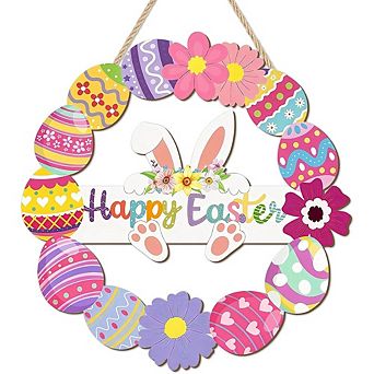 Easter Wreath Wooden Door Sign with Bunny, Flowers, and Eggs