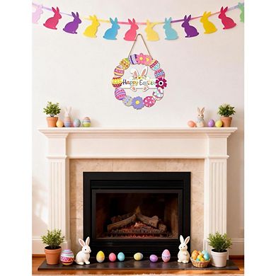 Easter Wreath Wooden Door Sign with Bunny, Flowers, and Eggs