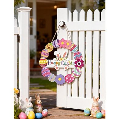 Easter Wreath Wooden Door Sign with Bunny, Flowers, and Eggs