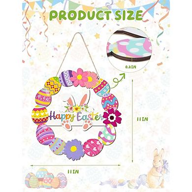 Easter Wreath Wooden Door Sign with Bunny, Flowers, and Eggs