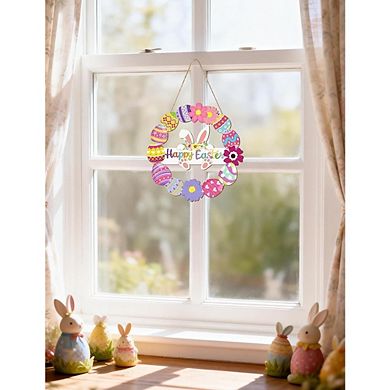 Easter Wreath Wooden Door Sign with Bunny, Flowers, and Eggs