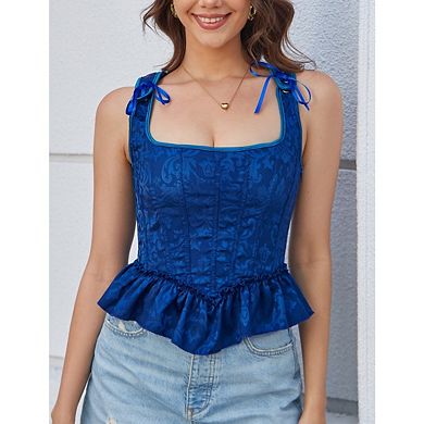 Women's Vintage Jacquard Corset Top Square Neck Ruffle Hem Back Lace-Up Bustier Top