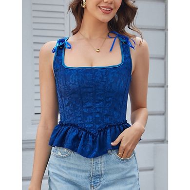 Women's Vintage Jacquard Corset Top Square Neck Ruffle Hem Back Lace-Up Bustier Top
