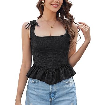 Women's Vintage Jacquard Corset Top Square Neck Ruffle Hem Back Lace-Up Bustier Top
