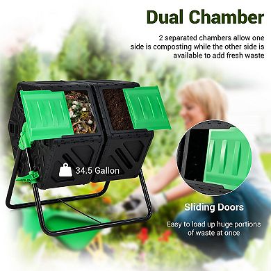 Dual Chamber Garden Compost Tumbler with Sliding Doors-Black & Green