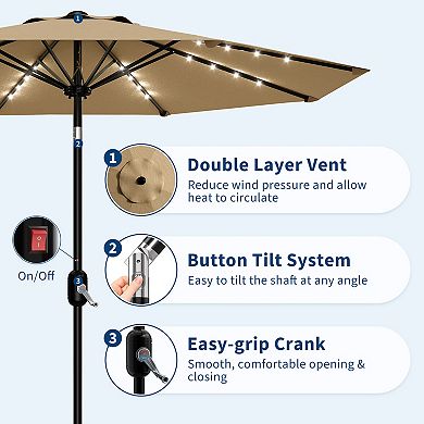 9FT Patio Umbrella with Solar Lights,Outdoor Table Umbrella with 8 Durable Ribs,Tilt,Crank Mechanism
