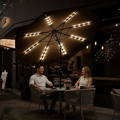 9FT Patio Umbrella with Solar Lights,Outdoor Table Umbrella with 8 Durable Ribs,Tilt,Crank Mechanism