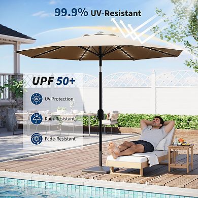 9FT Patio Umbrella with Solar Lights,Outdoor Table Umbrella with 8 Durable Ribs,Tilt,Crank Mechanism