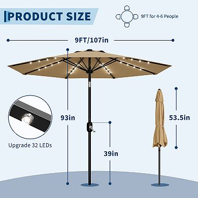 9FT Patio Umbrella with Solar Lights,Outdoor Table Umbrella with 8 Durable Ribs,Tilt,Crank Mechanism