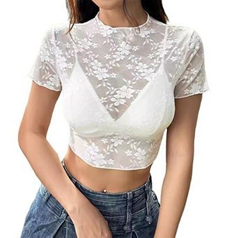 Women's Sheer loral Lace Mock Neck Crop Top Short Sleeve Blouse Summer Casual Slim Fit Shirt