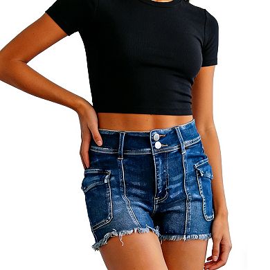 Women's High Waisted Denim Cargo Shorts with Pockets - Button Front Casual Summer Short Jeans