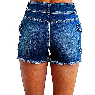 Women's High Waisted Denim Cargo Shorts with Pockets - Button Front Casual Summer Short Jeans
